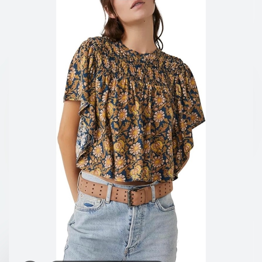 Free People Floral Smocked Cotton/Linen Blouse in Blue and Yellow Flowers